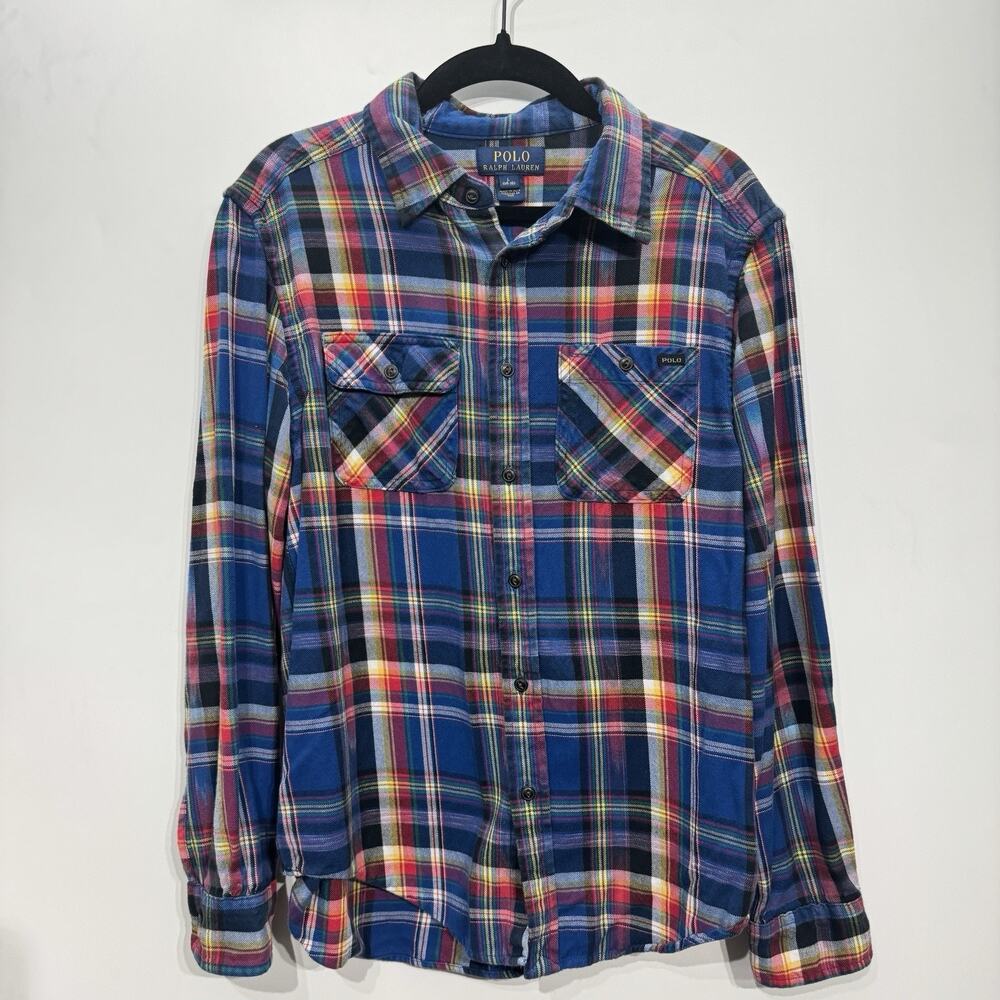 POLO Ralph Lauren Boys Flannel Button Down Shirt Sz L (14-16) Blue Plaid Cotton